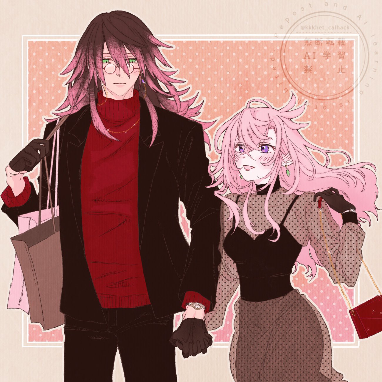 1boy, 1girl, black_gloves, brown_hair, commentary_request, contemporary, couple, cup