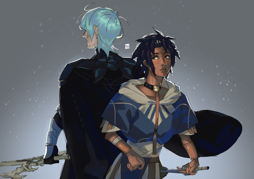2boys, absurdres, blue_hair, blue_hoodie, cai_(fire_emblem), dark-skinned_male, dark_skin, fire_emblem
