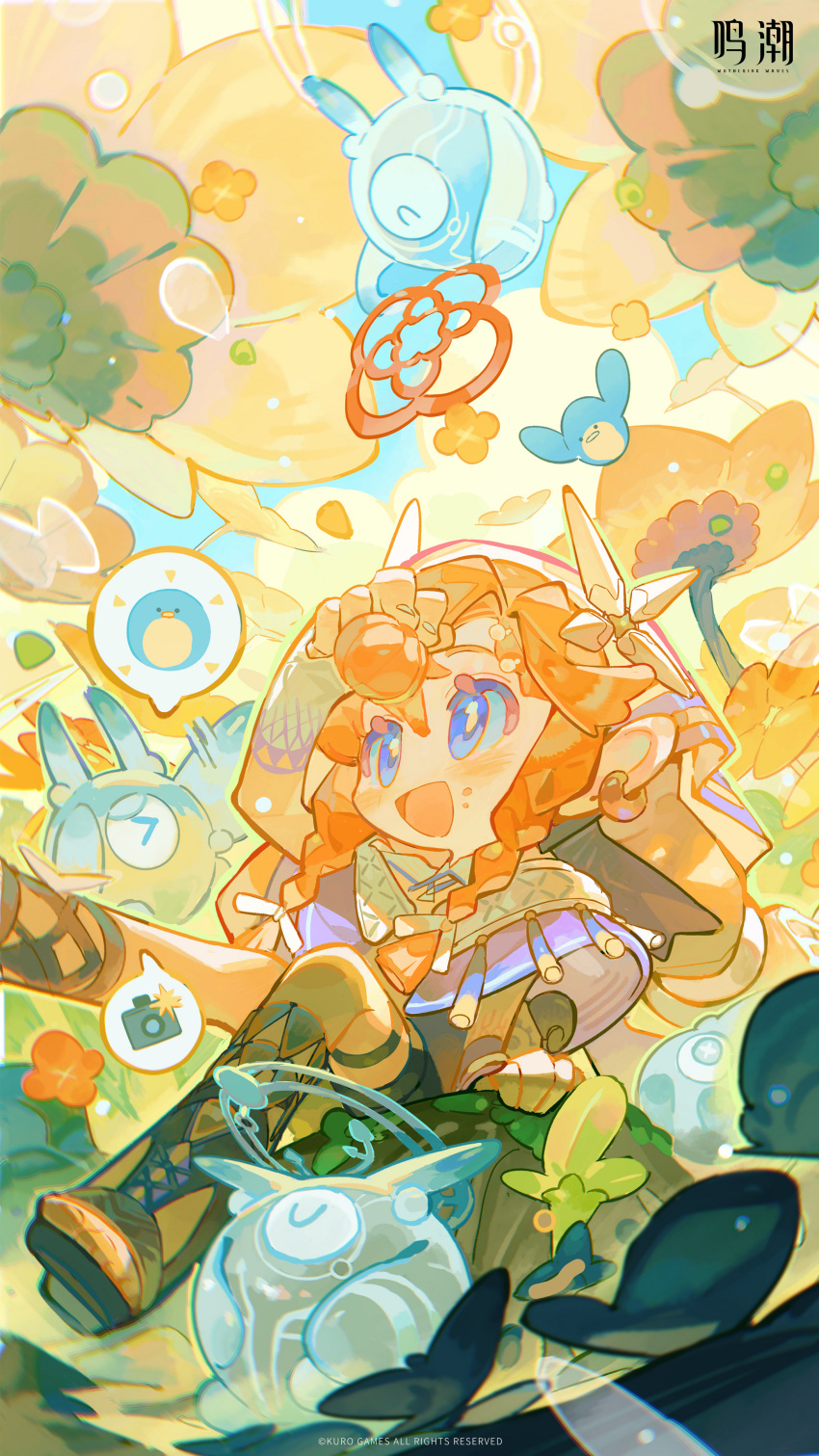 1girl, absurdres, arm_up, blue_eyes, chibi, chibi_only, chinese_commentary, commentary_request
