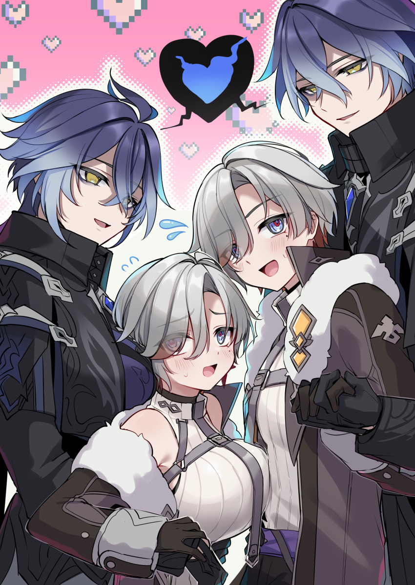 2boys, 2girls, absurdres, ahoge, armpits, bare_shoulders, black_gloves, blue_eyes, blue_hair, blue_shirt, blush, breasts, coat, commentary_request, embarrassed, empty_eyes, flaming_hearts, flins_(genshin_impact), flying_sweatdrops, fur-trimmed_coat, fur_trim, genderswap, genderswap_(mtf), genshin_impact, gloves, gradient_background, grey_coat, grey_hair, hair_over_one_eye, harness, heart, highres, holding_hands, illuga_(genshin_impact), large_breasts, long_sleeves, looking_down, multiple_boys, multiple_girls, open_mouth, pink_background, ribbed_sweater, sashimi_no_syari, shirt, smile, spoken_heart, sweater, upper_body, white_background, white_sweater, yellow_eyes