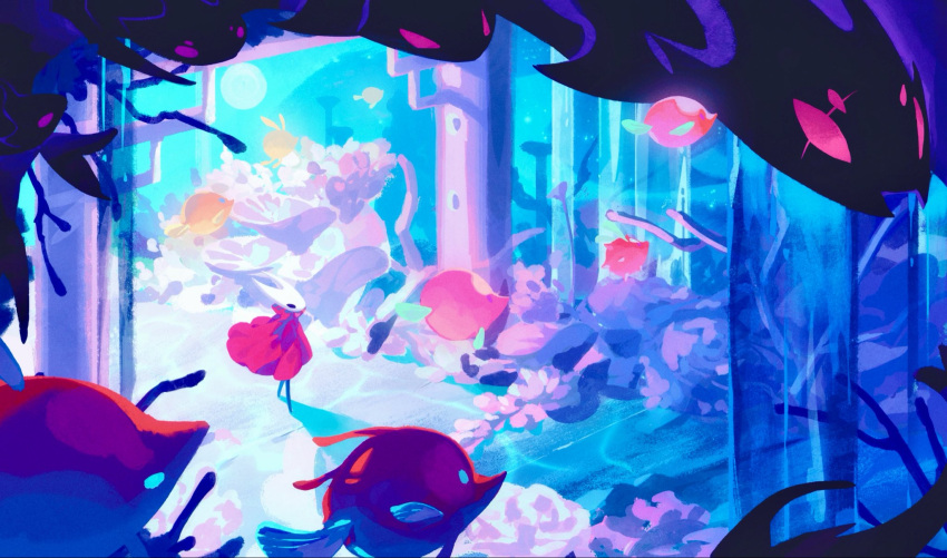 arthropod_girl, black_eyes, black_skin, blue_eyes, cloak, colored_skin, conchfly_(hollow_knight), corvus_noctis, crust_king_khann_(hollow_knight), extra_eyes, flying, highres, hollow_eyes, hollow_knight, hollow_knight:_silksong, horned_mask, hornet_(hollow_knight), horns, karak_gor_(hollow_knight), karaka_(hollow_knight), mask, pink_eyes, red_cloak, scar, scar_across_eye, scar_on_face, spinebeak_kai_(hollow_knight), steelspine_kai_(hollow_knight), weapon, white_mask