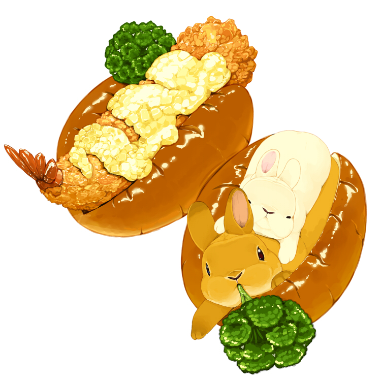 animal, broccoli, closed_eyes, commentary_request, food, hot_dog_bun, lilac_(p-f_easy), looking_at_viewer