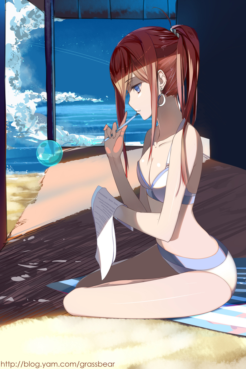 1girl, bikini, blue_eyes, breasts, brown_hair, cao_xiong, cleavage, earrings