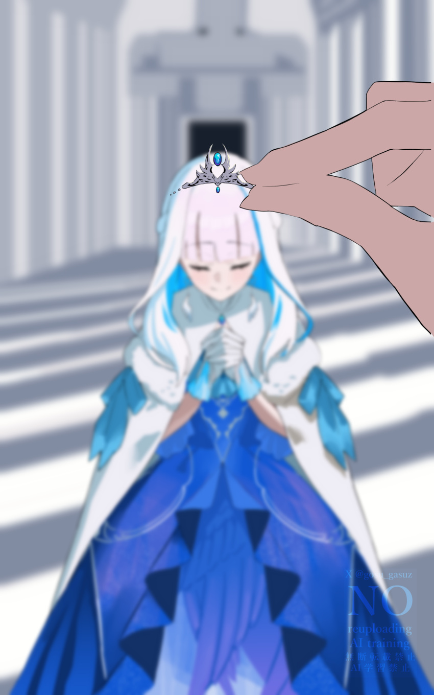 1girl, auditorium, blue_bow, blue_dress, blue_gem, blue_hair, blue_ribbon, blurry