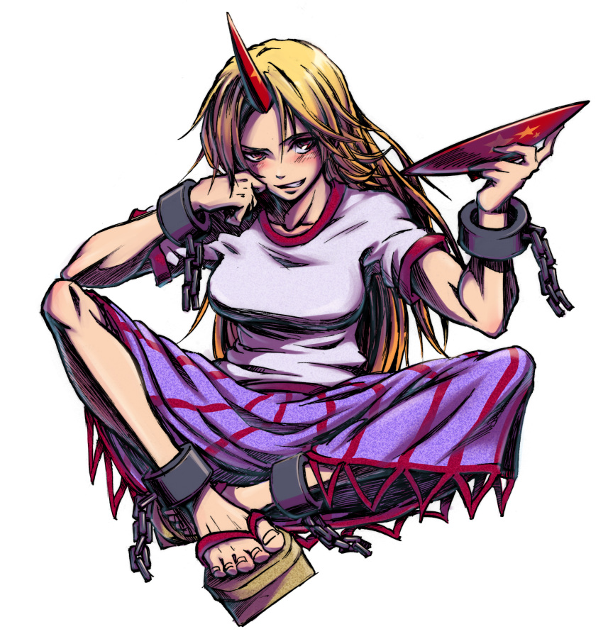 bad_id, barefoot, blonde_hair, blush, chin_rest, cuffs, drunk, grin