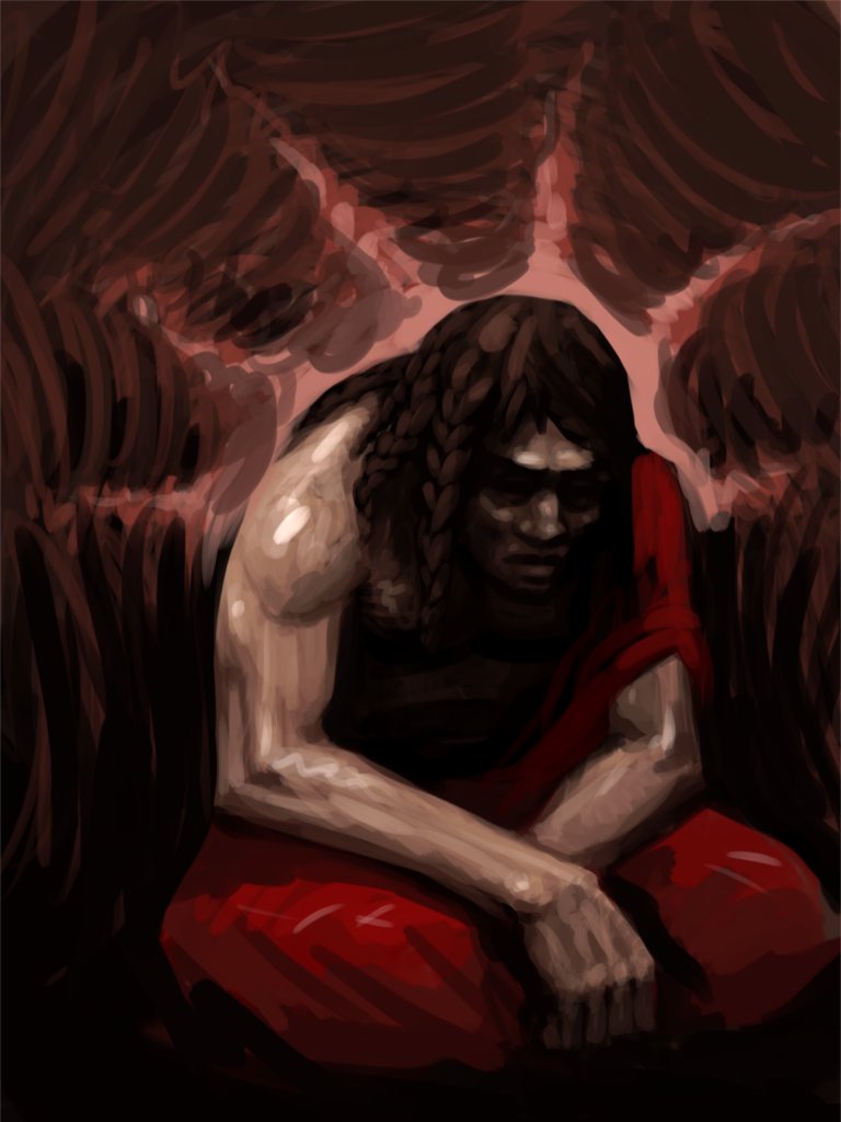 1boy, ahmonza, arm_support, braid, brown_hair, commentary, dark, english_commentary