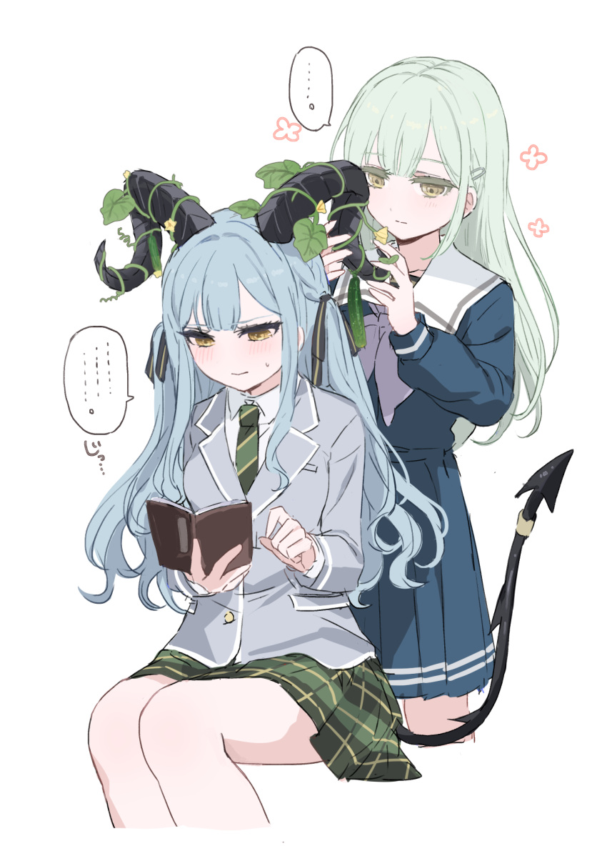 2girls, arknights, bang_dream!, bang_dream!_it's_mygo!!!!!, black_ribbon, blue_hair, blue_shirt, blue_skirt