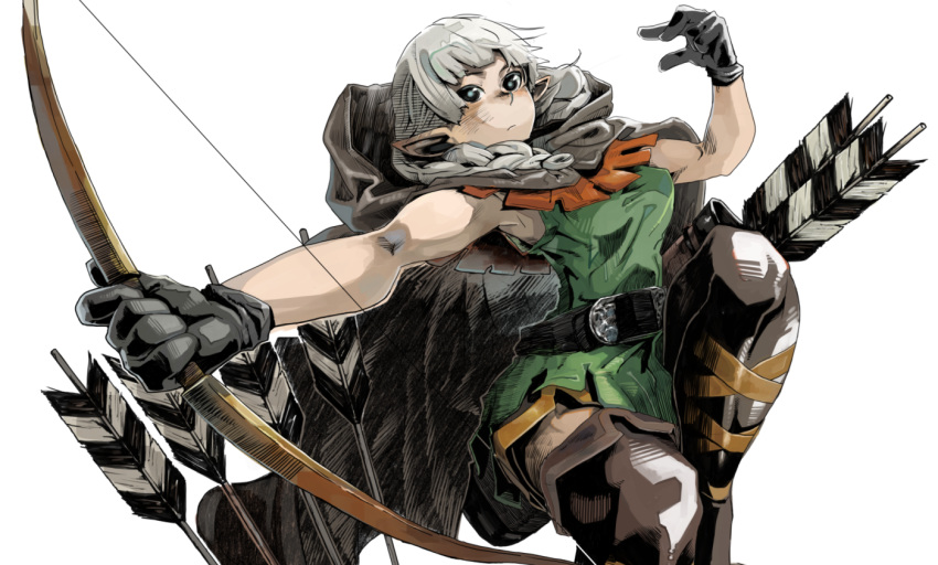 arrow, blue_eyes, boots, bow_(weapon), braid, cloak, dragon's_crown, dragon's_crown, elf, elf_(dragon's_crown), elf_(dragon's_crown), gloves, hood, natsume_(tsu-na), pointy_ears, quiver, solo, thigh-highs, thigh_boots, thighhighs, twin_braids, weapon, white_hair