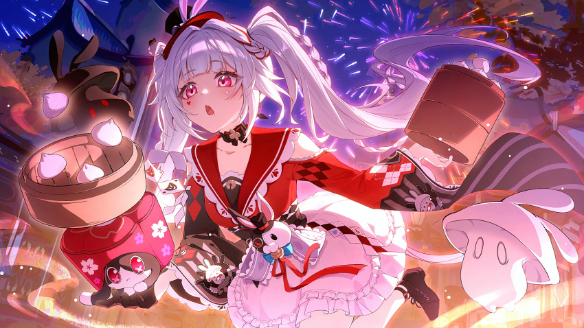 1girl, aerial_fireworks, braid, breasts, cake_cat_(honkai:_star_rail), chinese_commentary, commentary_request, fireworks