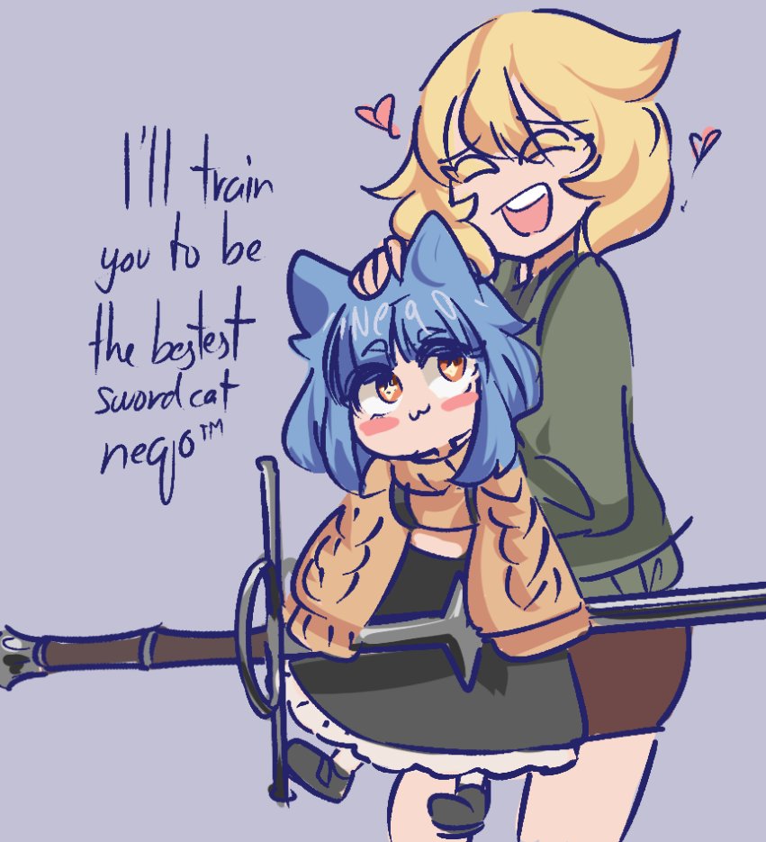 0w0, 2girls, animal_ears, blonde_hair, blue_hair, carrying, carrying_person, cat_ears