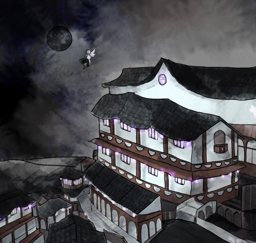 1girl, architecture, black_skirt, commentary_request, east_asian_architecture, flying, from_behind, highres