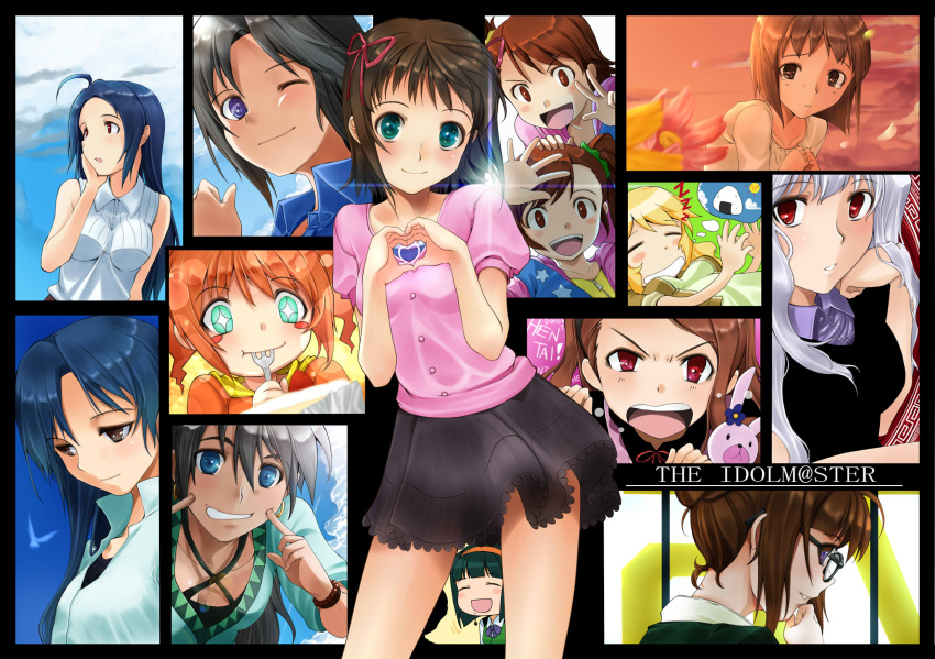 6+girls, adjusting_hair, ahoge, akafuku, akizuki_ritsuko, amami_haruka, angry, blonde_hair, blue_eyes, blue_hair, blush, blush_stickers, bracelet, brown_eyes, brown_hair, chibi, closed_eyes, collage, earrings, everyone, eyes_closed, fingersmile, flower, food, fork, futami_ami, futami_mami, ganaha_hibiki, glasses, green_eyes, green_hair, hagiwara_yukiho, hair_ribbon, hairband, heart, heart_hands, highres, hoshii_miki, idolmaster, jewelry, kikuchi_makoto, kisaragi_chihaya, minase_iori, miura_azusa, multiple_girls, nonowa, onigiri, open_mouth, orange_hair, otonashi_kotori, petals, profile, red_eyes, ribbon, scrunchie, shijou_takane, short_hair, silver_hair, skirt, sleeping, smile, sun, takatsuki_yayoi, tears, v, wink, z