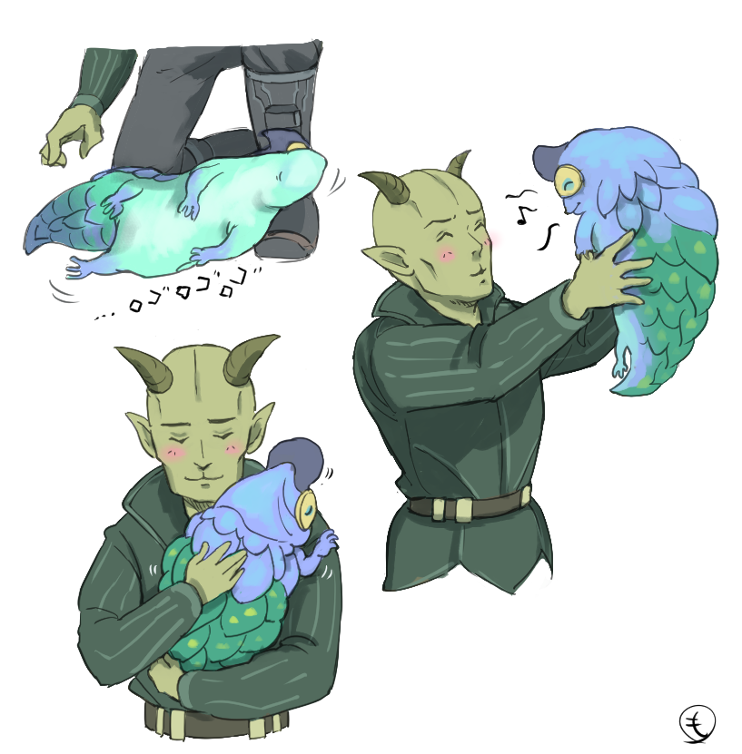 alien, closed_eyes, colored_skin, devaronian, green_jacket, horns, hug, jacket