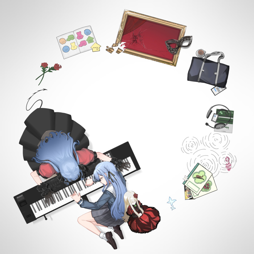 2girls, absurdres, bag, bang_dream!, bang_dream!_it's_mygo!!!!!, black_gloves, black_skirt, blue_hair
