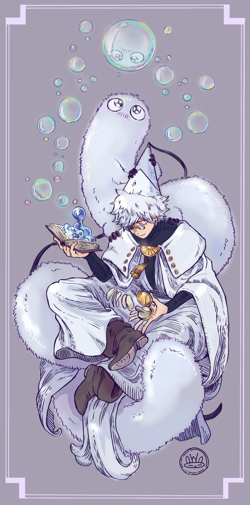 1boy, absurdres, black_eyes, book, boots, brown_boots, brushbuddy, bubble