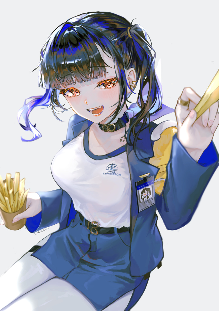 1girl, :d, absurdres, black_choker, black_hair, blue_skirt, choker, commentary