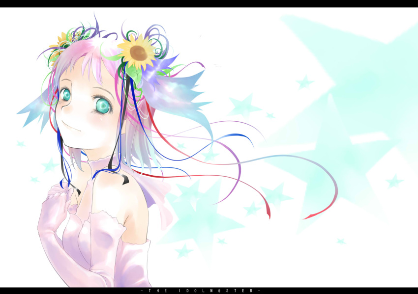 akafuku, alternate_hair_color, amami_haruka, bare_shoulders, blue_eyes, dress, elbow_gloves, flower, gloves, hair_flower, hair_ornament, hair_ribbon, highres, idolmaster, jpeg_artifacts, letterboxed, ribbon, short_hair, silver_hair, solo, strapless_dress