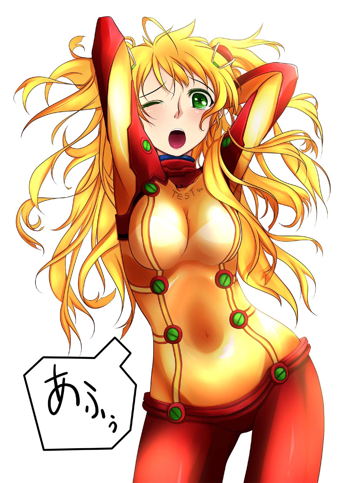 akafuku, arms_up, blush, bodysuit, breasts, cosplay, evangelion:_2.0_you_can_(not)_advance, green_eyes