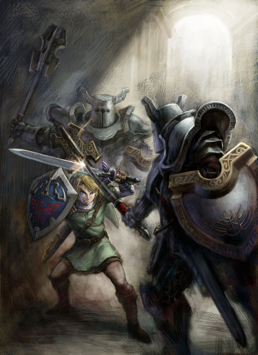 1boy, 2others, absurdres, ambiguous_gender, armor, belt, blonde_hair, blue_eyes