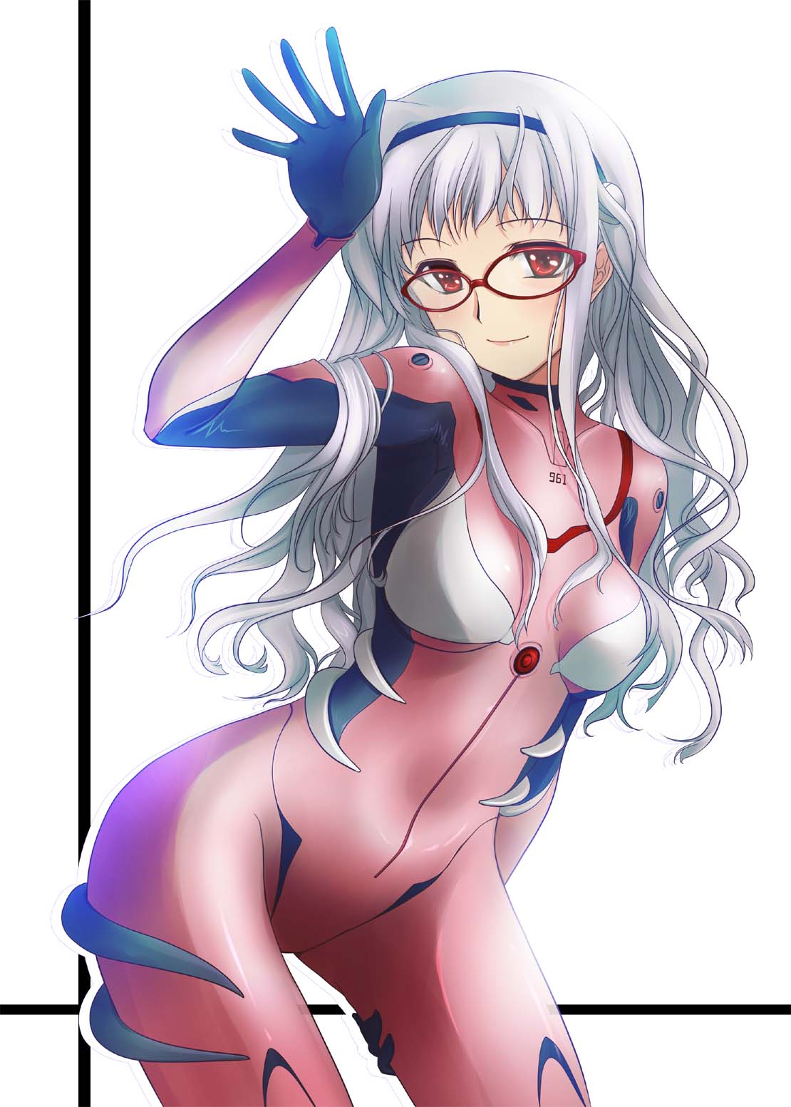 akafuku, bodysuit, cosplay, evangelion:_2.0_you_can_(not)_advance, glasses, hairband, highres, idolmaster, jpeg_artifacts, long_hair, makinami_mari_illustrious, makinami_mari_illustrious_(cosplay), neon_genesis_evangelion, plugsuit, rebuild_of_evangelion, red-framed_glasses, red_eyes, shijou_takane, silver_hair, smile, solo