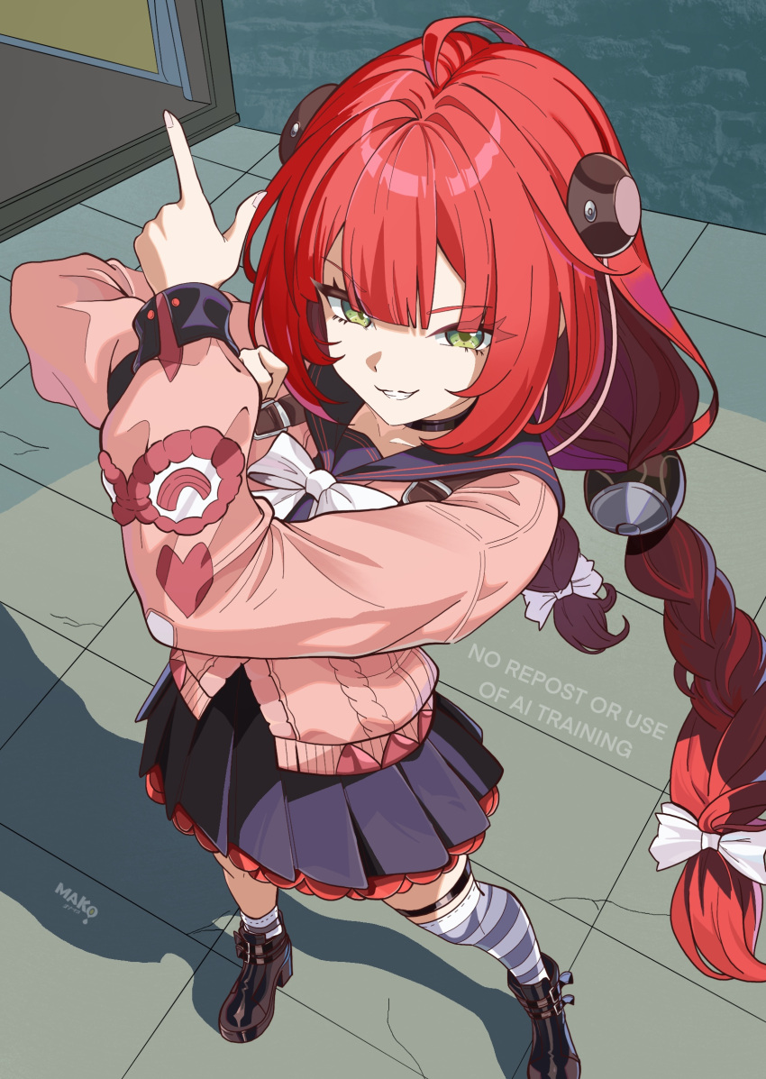 1girl, artist_name, black_choker, black_sailor_collar, bow, braid, braided_twintails, brown_shoes