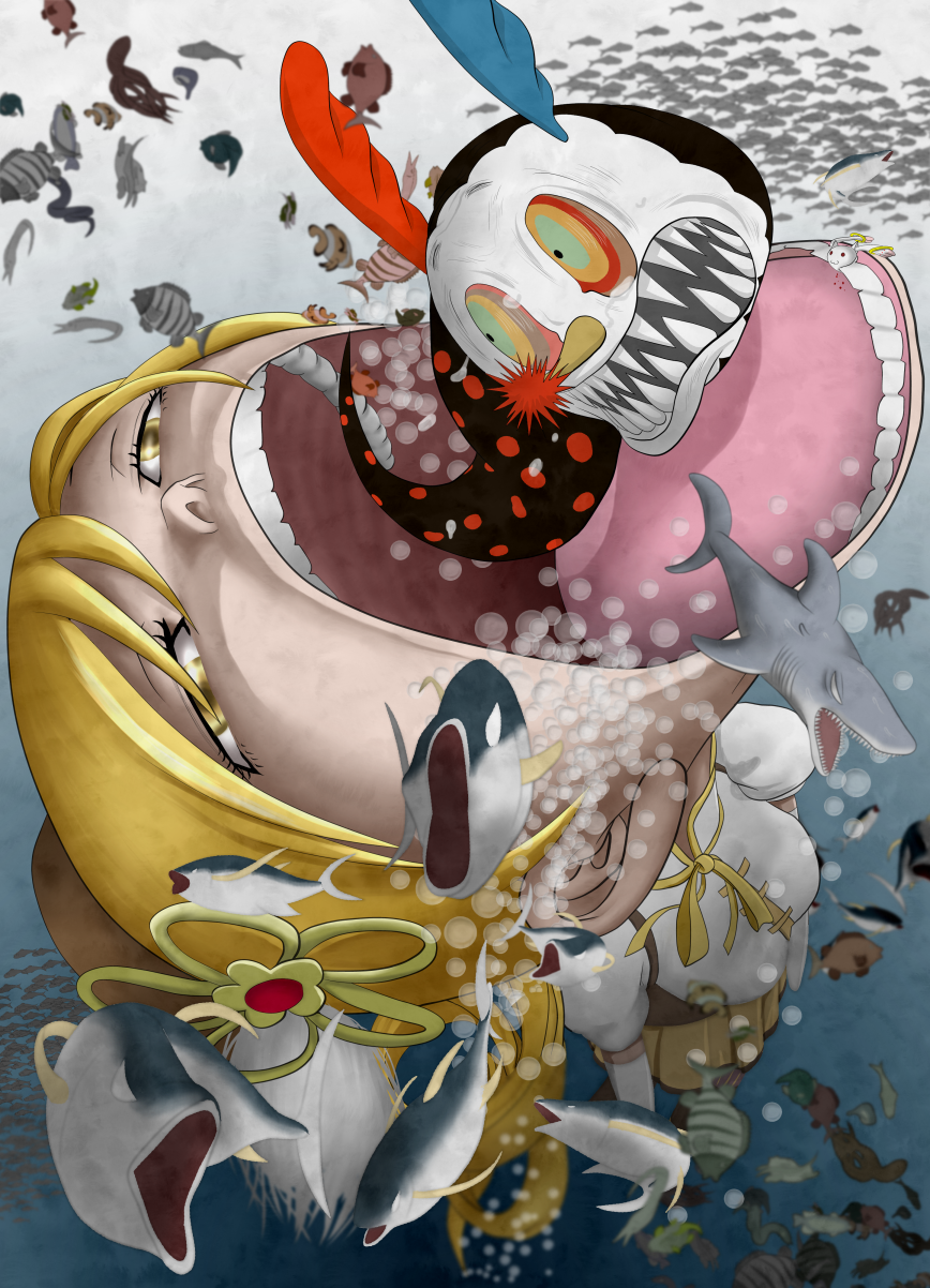 blonde_hair, bubble, charlotte_(madoka_magica), drill_hair, fish, hat, highres, kyubey