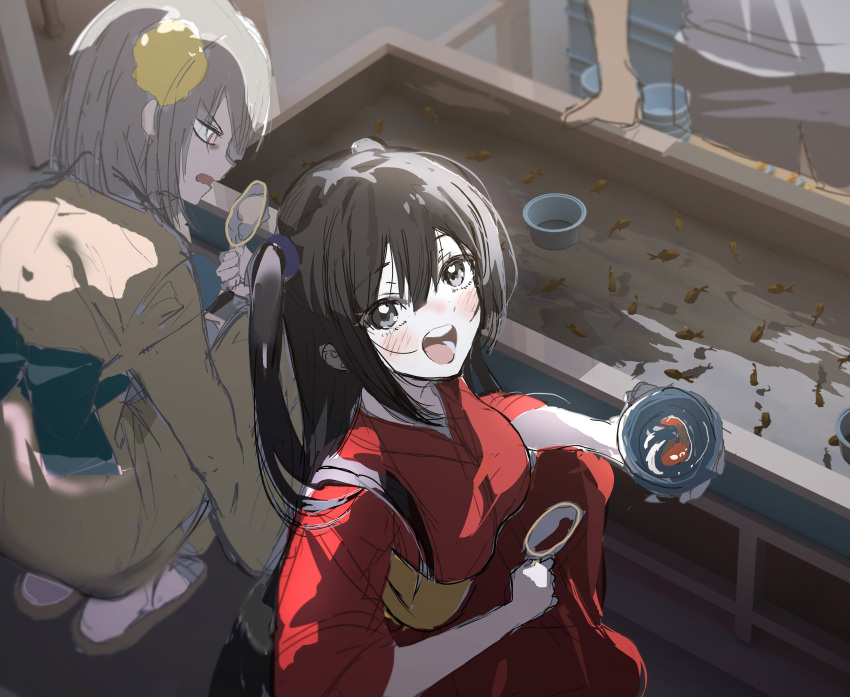 1boy, 2girls, :d, absurdres, bananahaemeog, black_hair, blush, breasts