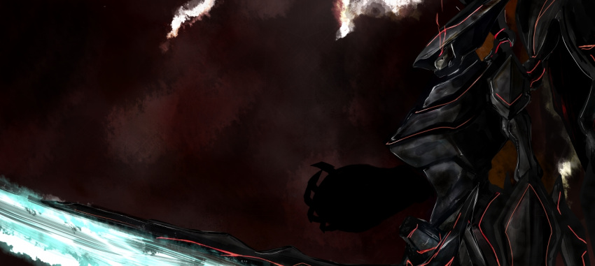 bad_id, cloud, dark, glowing, glowing_eyes, homura_bi, landscape, mecha, mountain, no_humans, solo, super_robot_wars, super_robot_wars_alpha, wings