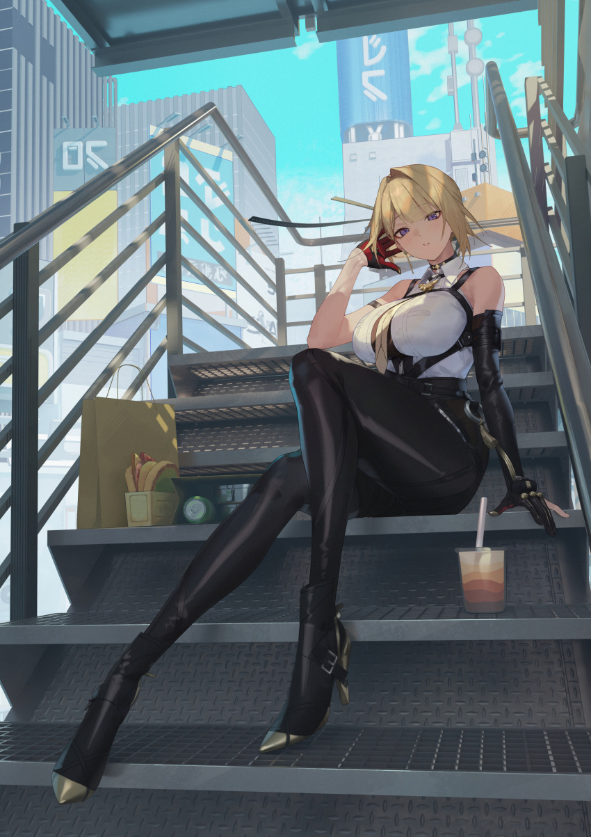 1girl, absurdres, bare_shoulders, black_gloves, black_pants, blonde_hair, blue_sky, cityscape