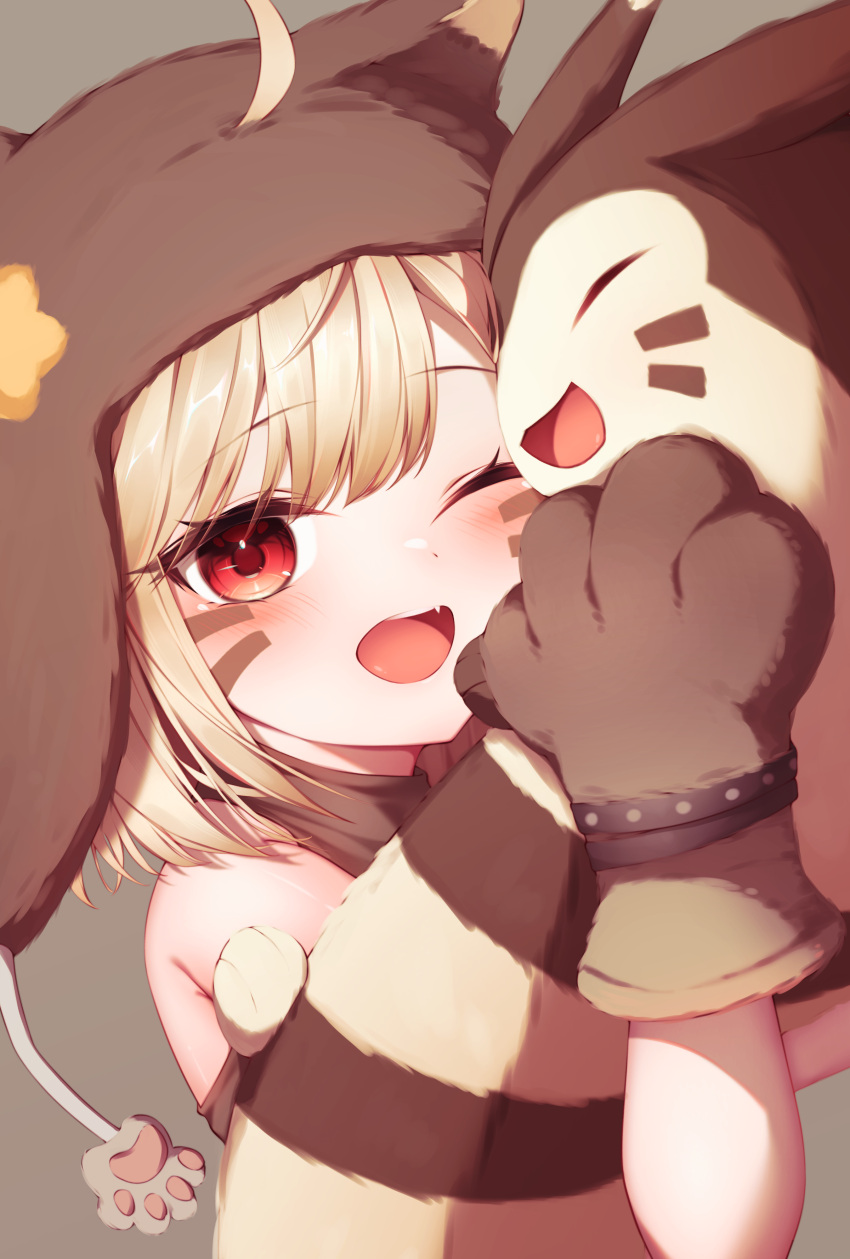 1girl, ;d, absurdres, ahoge, animal_ears, animal_hands, animal_hat, bare_shoulders
