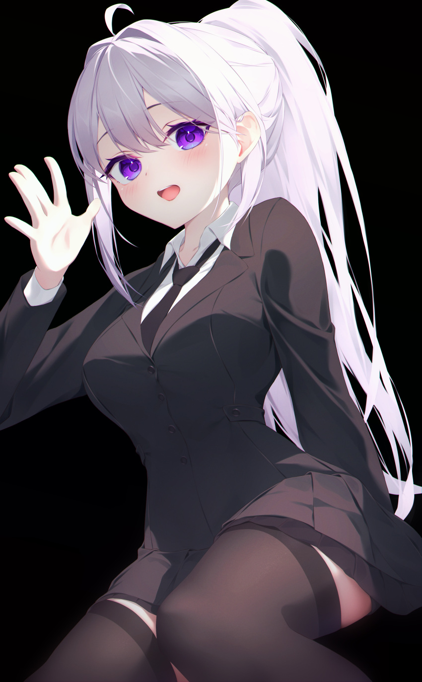 1girl, :d, absurdres, ahoge, black_background, black_jacket, black_necktie, black_skirt