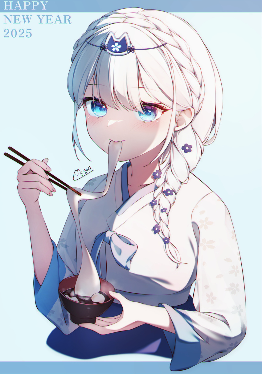 1girl, 2025, absurdres, blue_background, blue_eyes, blush, bowl, braid