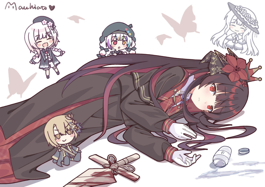 5girls, absurdres, black_hair, black_shirt, black_skirt, blood, blood_on_weapon, bug