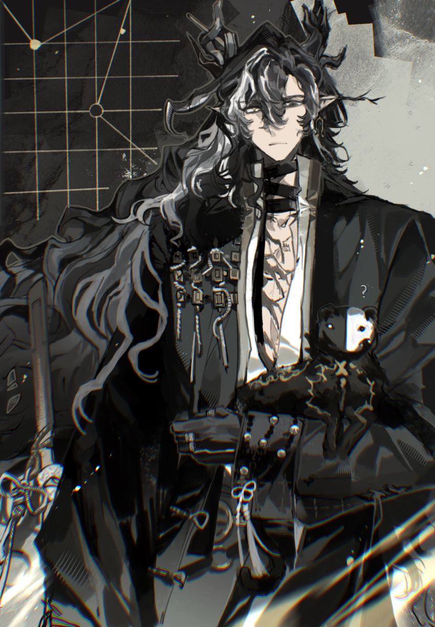 1boy, absurdres, animal, arknights, black_bandages, black_cat, black_eyes, black_hair