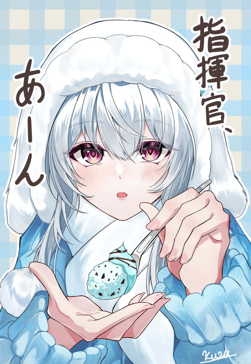 1girl, :o, blue_sweater, commentary_request, fingernails, food, grey_hair, hair_between_eyes