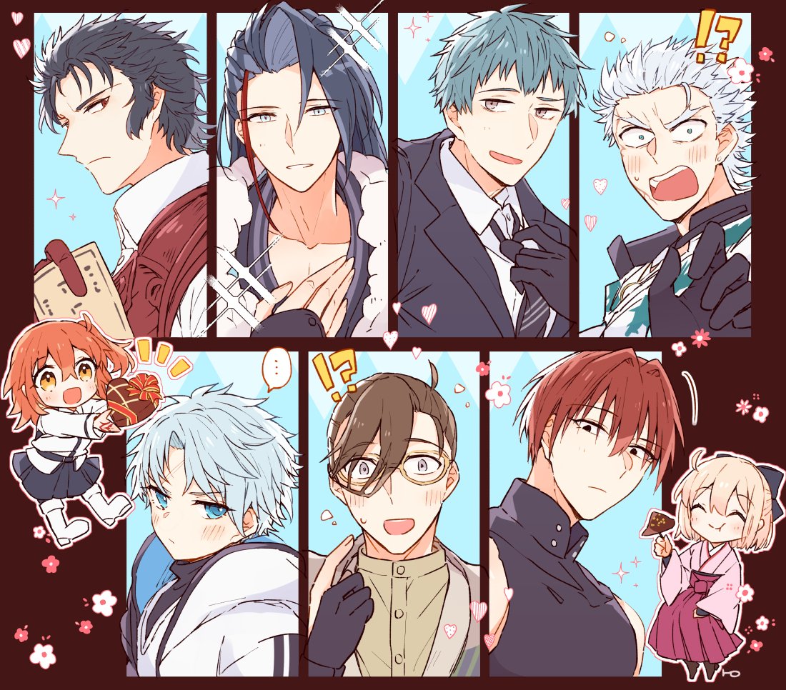 !?, ..., 2girls, 6+boys, adjusting_clothes, adjusting_necktie, ahoge, arm_guards