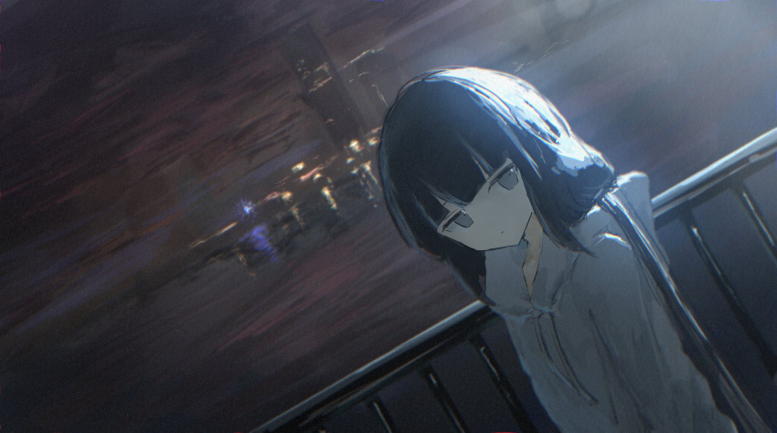 1girl, backlighting, black_hair, city, city_lights, clouds, cloudy_sky, drawstring, dutch_angle, expressionless, grey_eyes, grey_hoodie, hashtag-only_commentary, highres, hood, hood_down, hoodie, inabakumori, lake, low_twintails, night, osage_(nukunuku_nigirimeshi), outdoors, railing, sky, solo, tanao092178, twintails, water