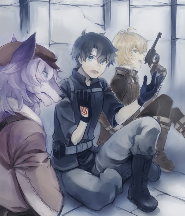 3boys, animal_ears, billy_the_kid_(fate), black_hair, black_shirt, blonde_hair, brown_hat, brown_jacket