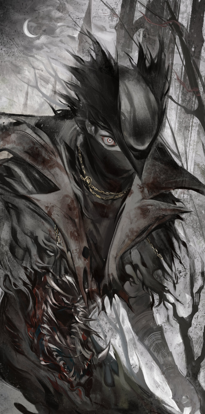 1boy, absurdres, bloodborne, cowboy_shot, crescent_moon, gloves, hat, highres