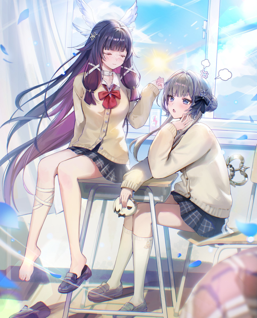 2girls, absurdres, alternate_costume, anger_vein, arlecchino_(genshin_impact), black_bow, black_hair, black_shoes
