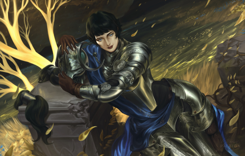 1girl, armor, black_hair, commentary, elden_ring, elden_ring:_shadow_of_the_erdtree, erdtree_(elden_ring), greaves, helmet, highres, looking_at_viewer, outdoors, rellana_twin_moon_knight, shoulder_armor, sleinyeswownc, unworn_headwear, unworn_helmet