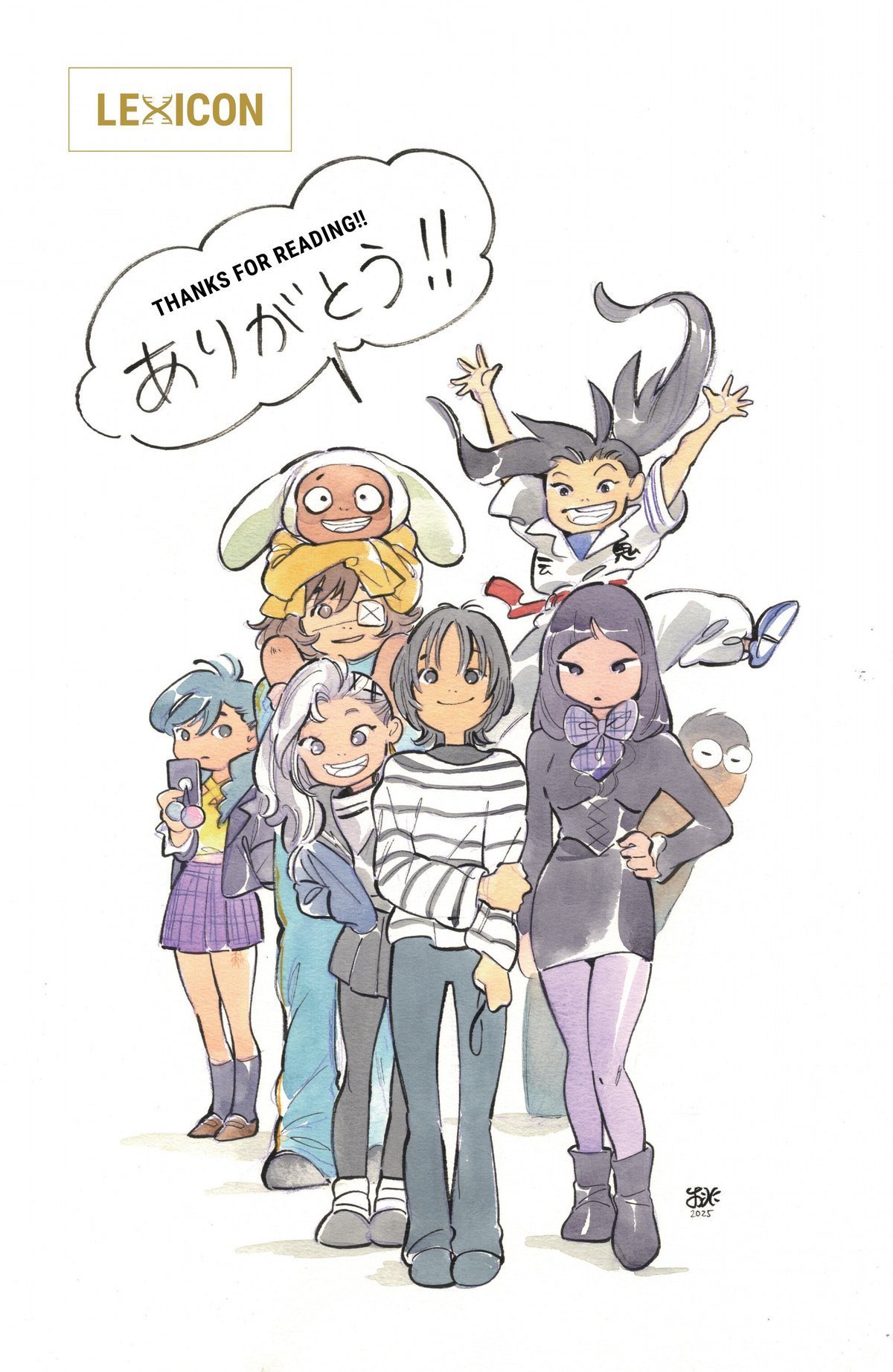 1boy, 6+girls, animal_hat, ashida_noriko, black_eyes, black_hair, black_skirt, blue_hair