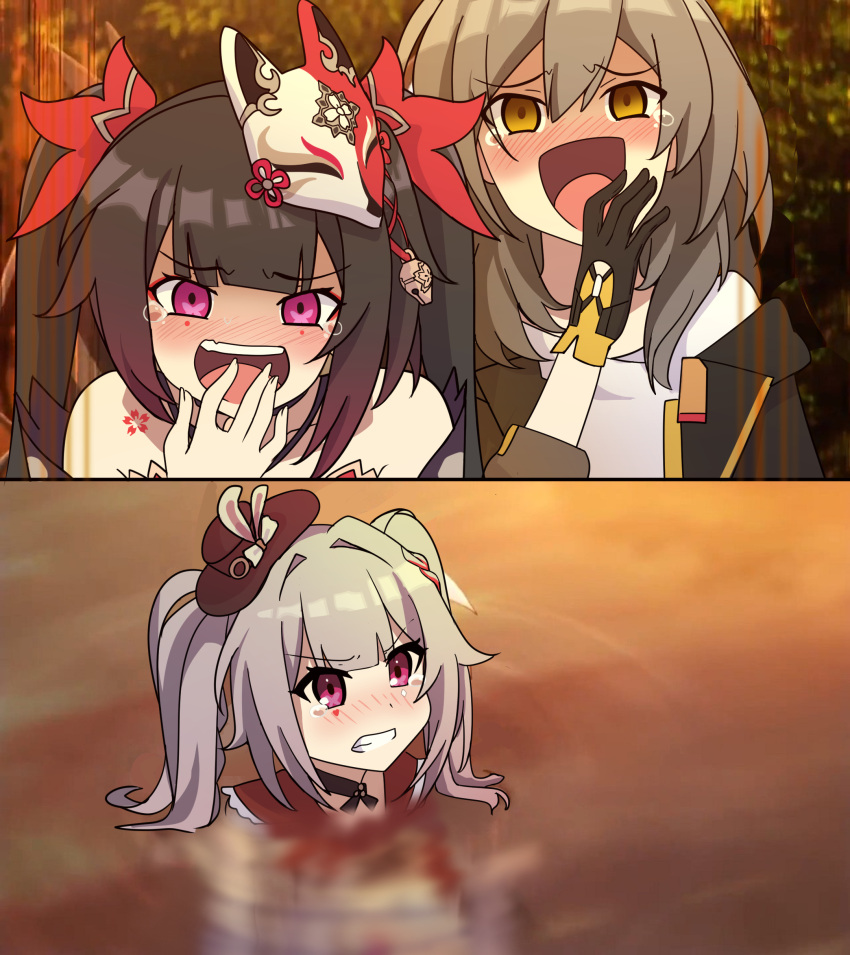 3girls, absurdres, black_choker, black_hair, choker, criss-cross_halter, diamond_(shape), diamond_facial_mark