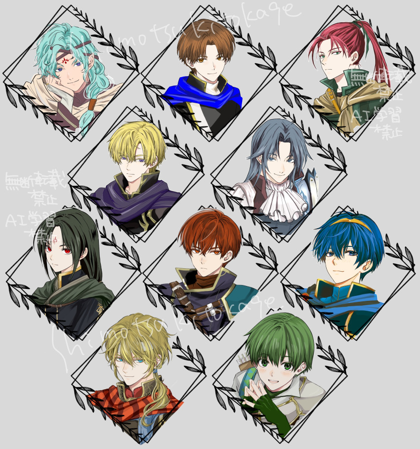 4boys, ascot, blonde_hair, blue_eyes, blue_hair, brown_eyes, brown_hair, carrion_(fire_emblem)