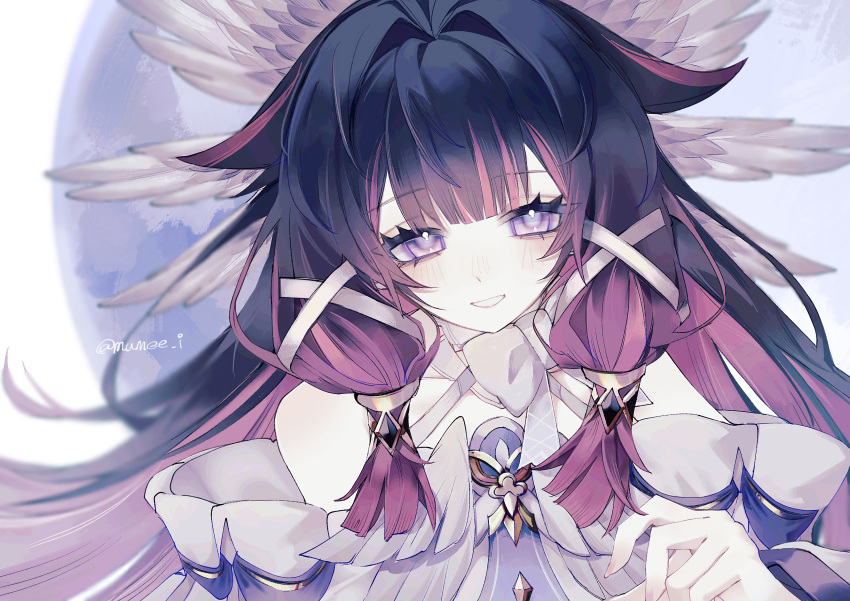 1girl, absurdres, bare_shoulders, black_hair, columbina_(genshin_impact), dress, genshin_impact, hair_ornament, highres, long_hair, looking_at_viewer, multicolored_hair, mumee_i, smile, solo, violet_eyes, white_dress