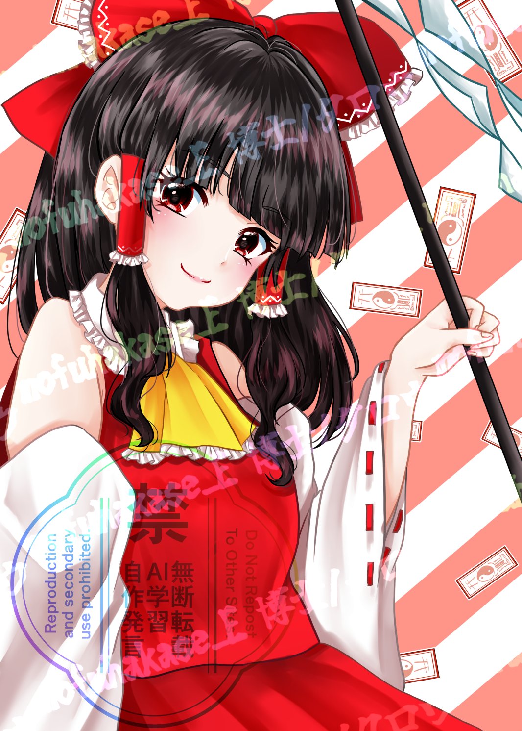 1girl, ascot, bow, brown_hair, closed_mouth, commentary_request, detached_sleeves, frilled_bow