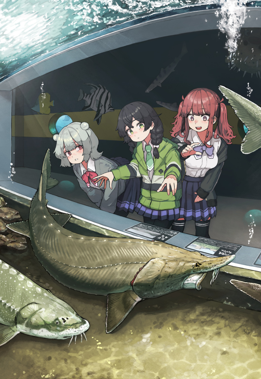 3girls, absurdres, aquarium, black_hair, black_jacket, black_ribbon, black_skirt, bow