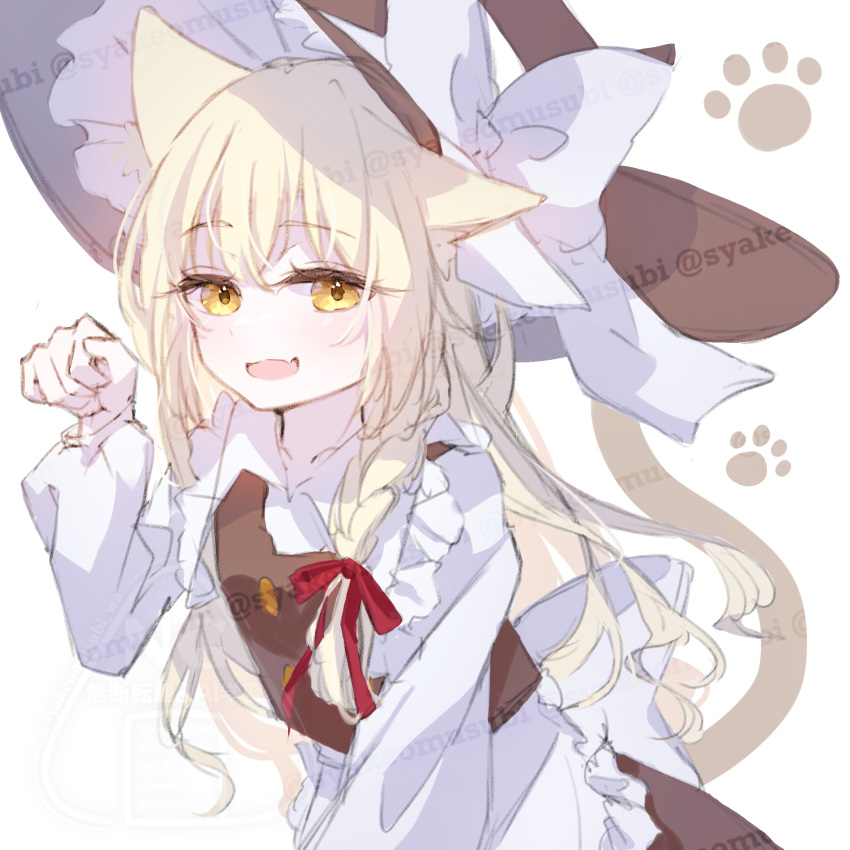1girl, animal_ears, back_bow, black_hat, black_skirt, black_vest, blonde_hair, bow