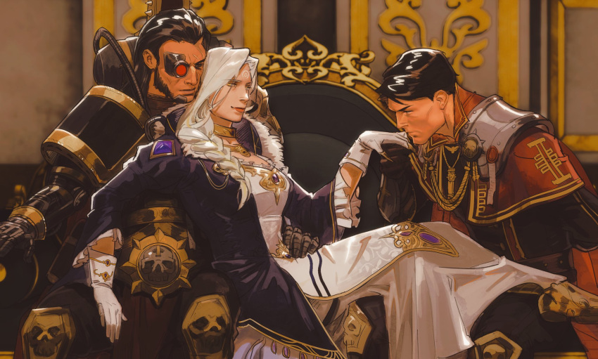 1girl, 2boys, aquila_(symbol), armor, armor_under_clothes, black_hair, blonde_hair, blush