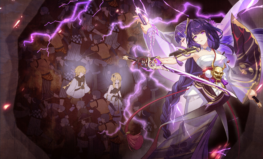 1boy, 3girls, abstract_background, absurdres, aether_(genshin_impact), ahoge, alternate_costume, alternate_universe